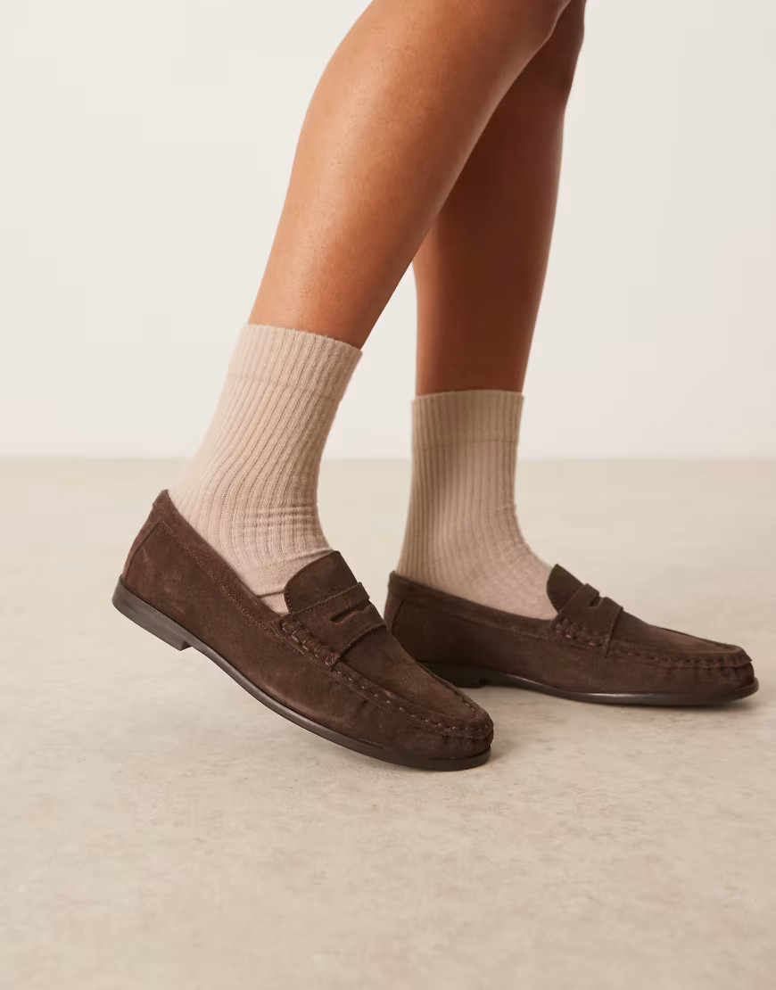 ASOS DESIGN Mayfair premium ruched loafers in brown suede | ASOS (Global)