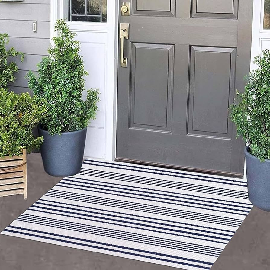 Blue and White Striped Outdoor Rug 24'' x 35'' Door Mat Outdoor Machine Washable Welcome Mats Cot... | Amazon (US)