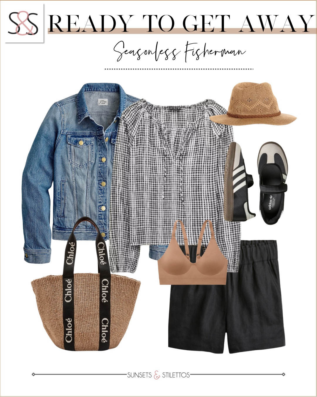 This is such an easy outfit that still looks pulled together.

spring outfit ideas, casual outfit, travel outfit, getaway outfit, denim jacket outfit, gingham top outfit, black shorts outfit, neutral sneakers, raffia bag, straw hat, everyday style, comfortable outfit

#LTKTravel #LTKSeasonal #LTKOver40
