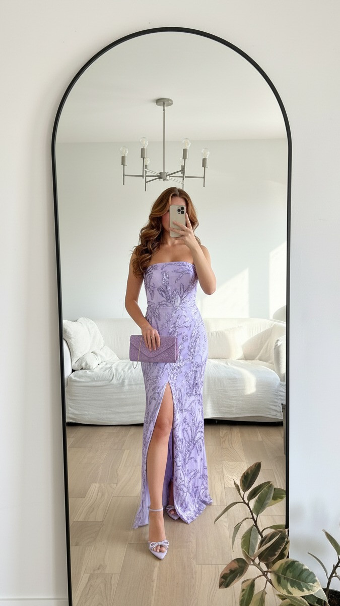 Glamorous lavender sequin strapless maxi dress ✨ styled with lilac heels and a matching clutch for the ultimate formal wedding guest outfit 💜. Perfect for evening weddings, black tie weddings, and formal events. 

 #LTKootd #LTKWedding