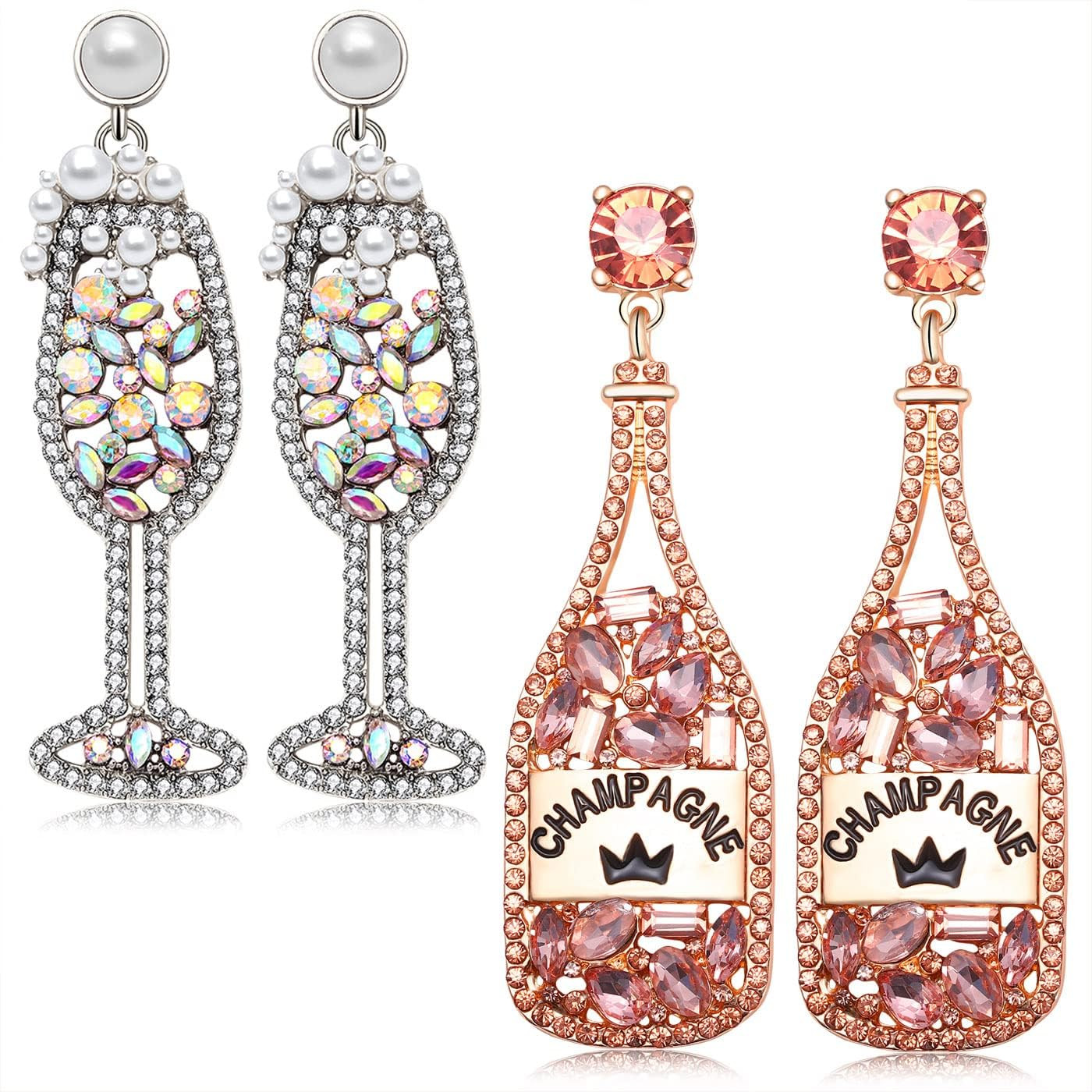 2 Pairs Rhinestone Champagne Bottle Earrings Crystal Wine Glass Dangle Earrings for Women Delicat... | Amazon (US)