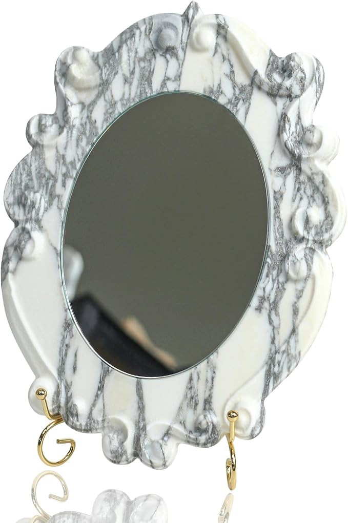 Marble Vintage Makeup Mirror with Stand, Oval Antique Vanity Mirror for Dresser, Baroque Tabletop... | Amazon (US)