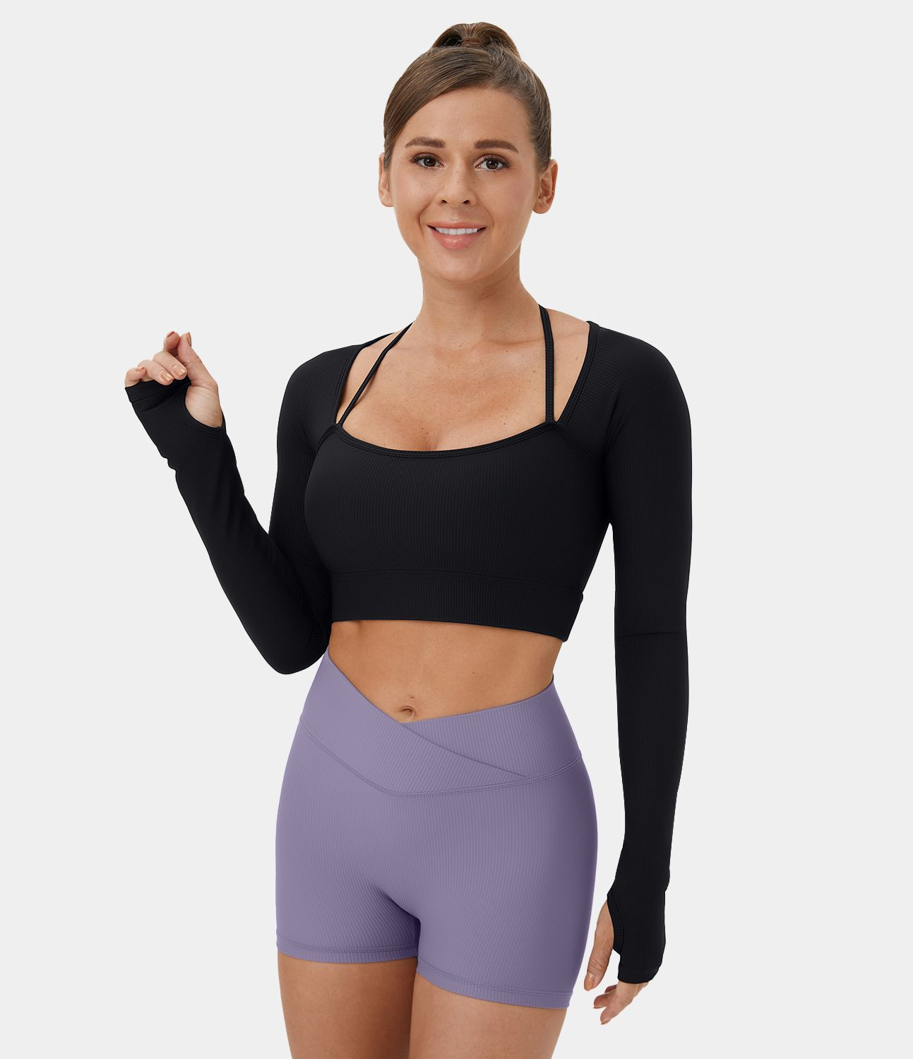 Women’s Ribbed Halter Strap Thumb Hole Cropped Yoga Sports Top - Halara | HALARA