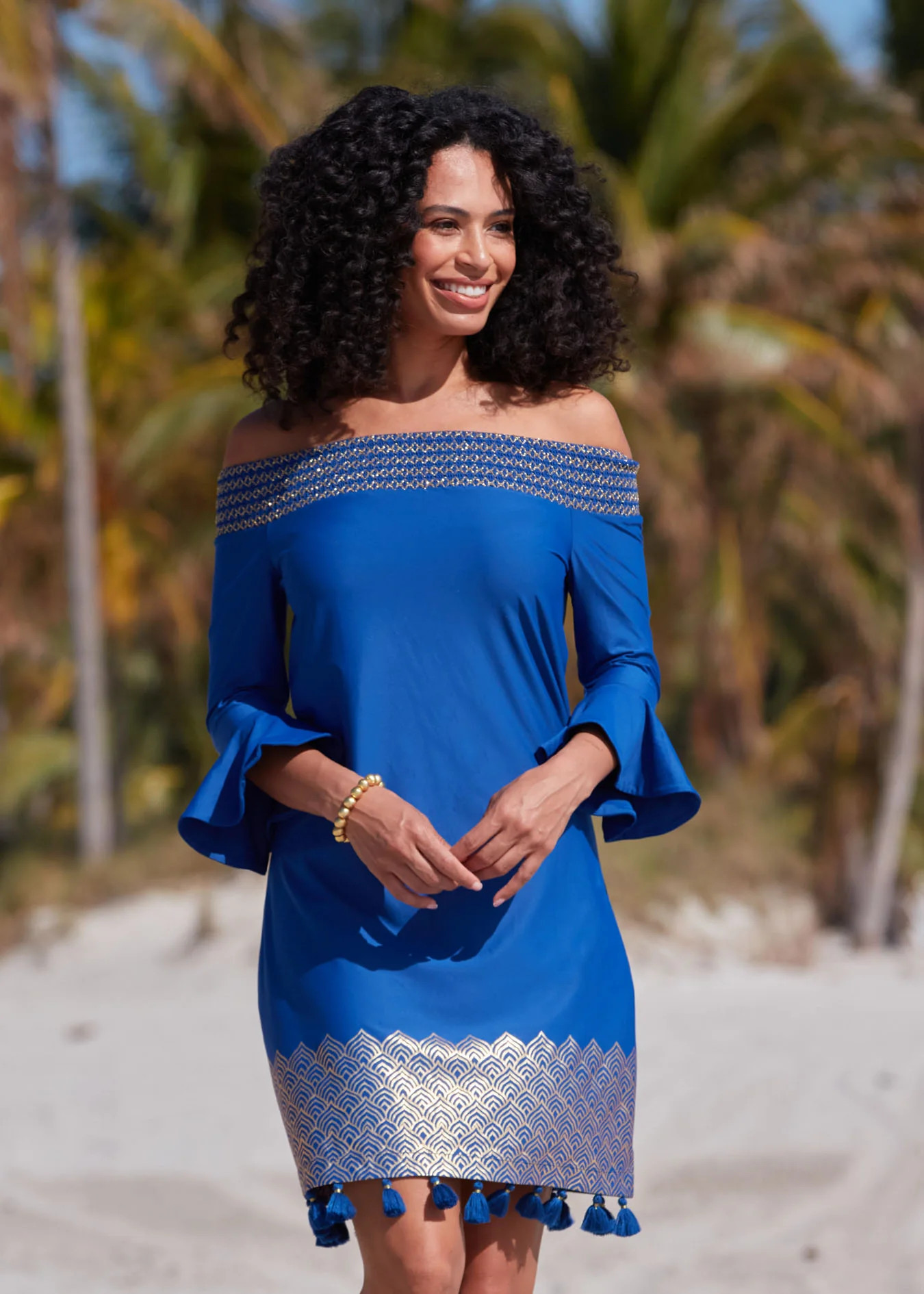 Navy Metallic Off The Shoulder Dress | Cabana Life