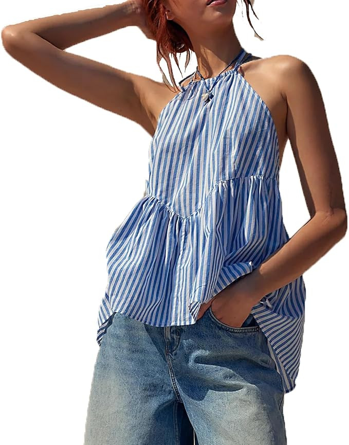 Womens Gingham Plaid Tie Front Cami Tank Tops Y2k Spaghetti Straps Striped Peplum Hem Picnic Part... | Amazon (US)