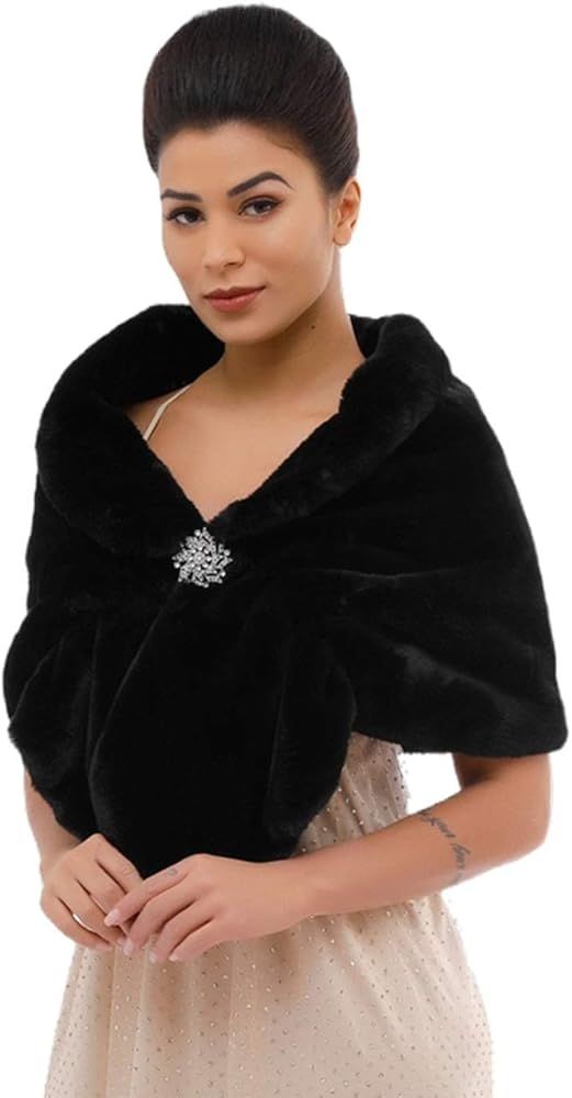 GORAIS Women's Wedding Faux Fur Shawls and Wraps Bridal Fur Scarf Stoles with Brooch for Bride an... | Amazon (US)