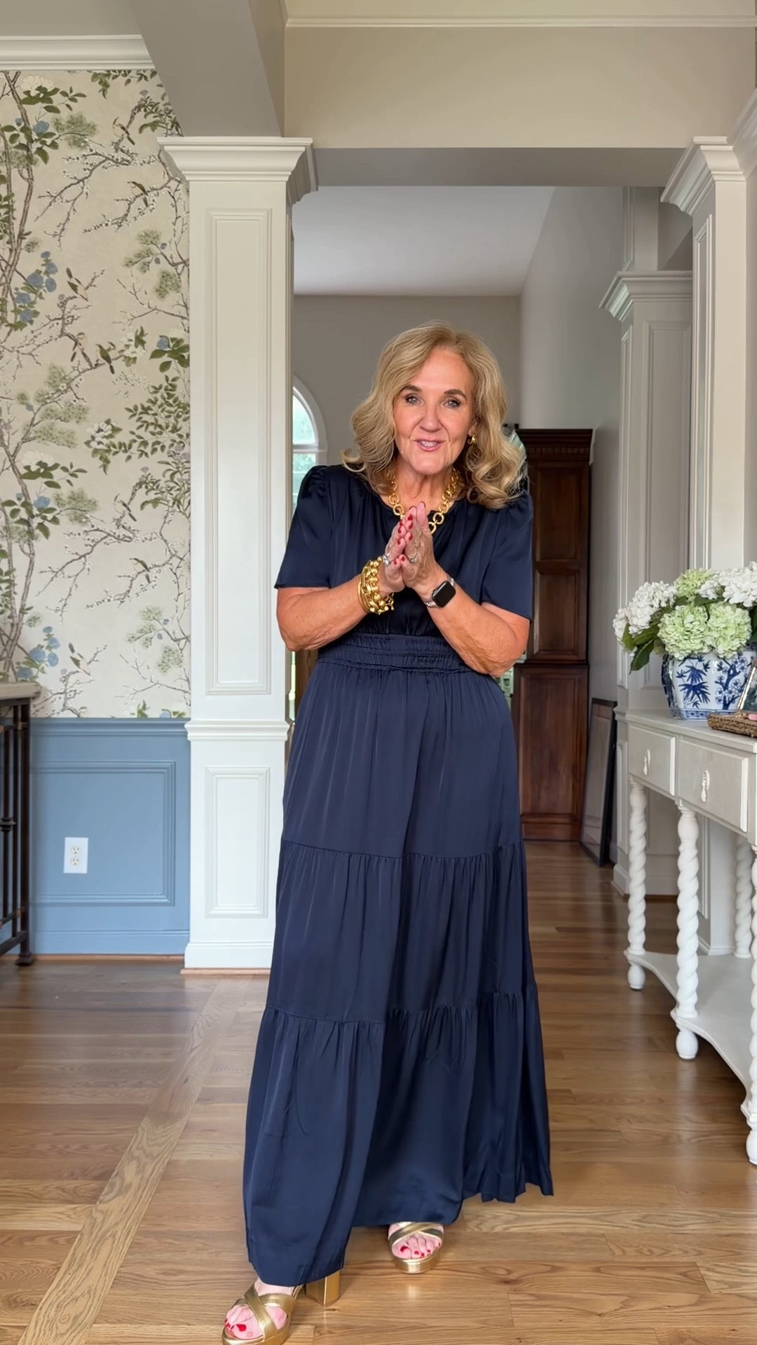 Wearing a medium in this silk dress
Take a look at these gold platform heels they’re very comfortable and they’ll be your go to party heel. And they will sell out.

#LTKOver40 #LTKPetite #LTKWedding