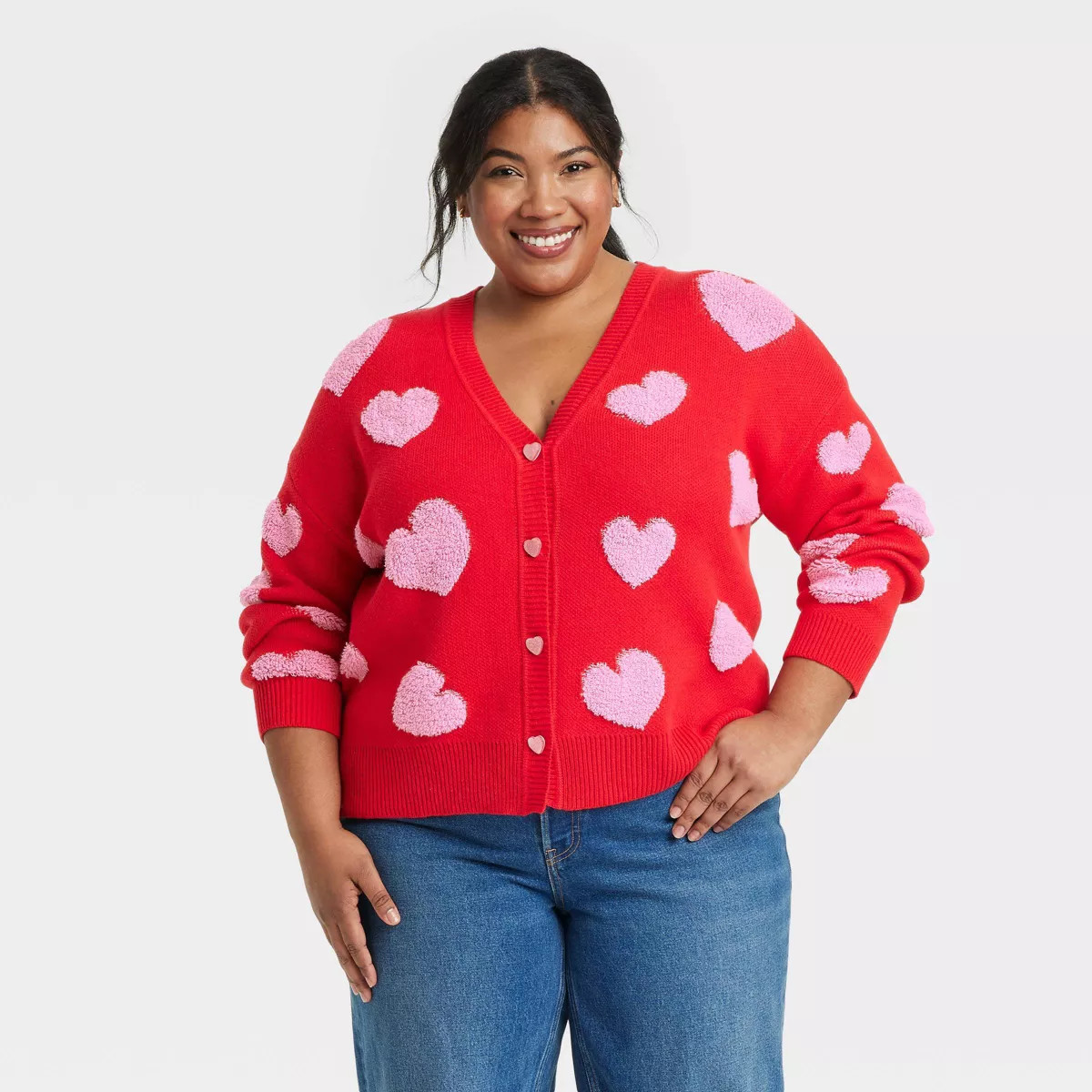 Women's Pink Hearts Graphic Cardigan - Red | Target