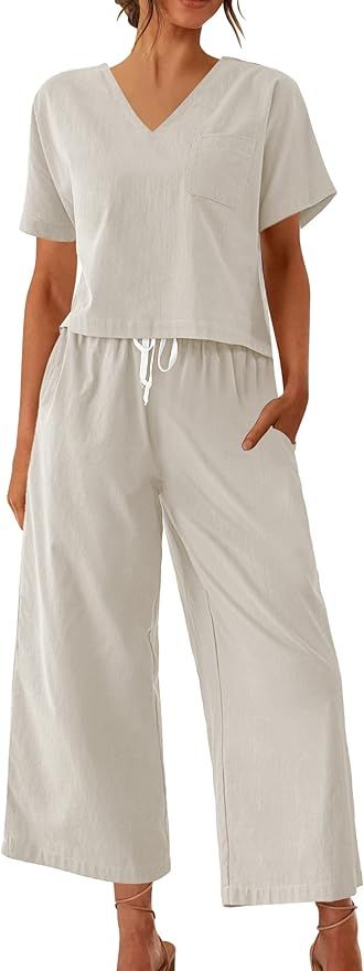 Ekouaer Women's 100% Cotton Linen Lounge Set Short Sleeve Top Pajamas Wide Leg Pants Loungewear O... | Amazon (US)