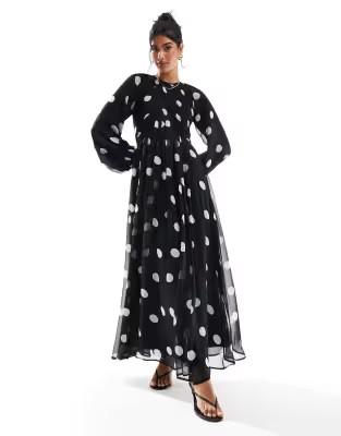 ASOS DESIGN wrap bodice balloon sleeve maxi dress in black spot print | ASOS (Global)