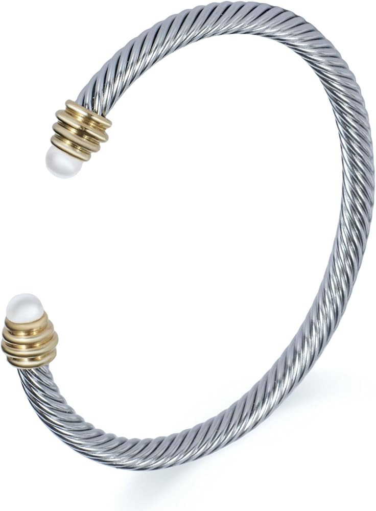 Decpro 5MM Twisted Cable Bracelet with Composite Shell Pearl Inlay Stainless Steel Cuff Bracelet ... | Amazon (US)