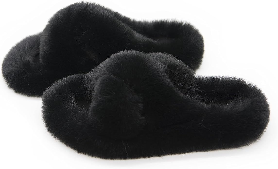 Women's Fuzzy Fluffy Furry Fur Slippers Flip Flop Winter Warm Cozy House Memory Foam Sandals Slid... | Amazon (US)