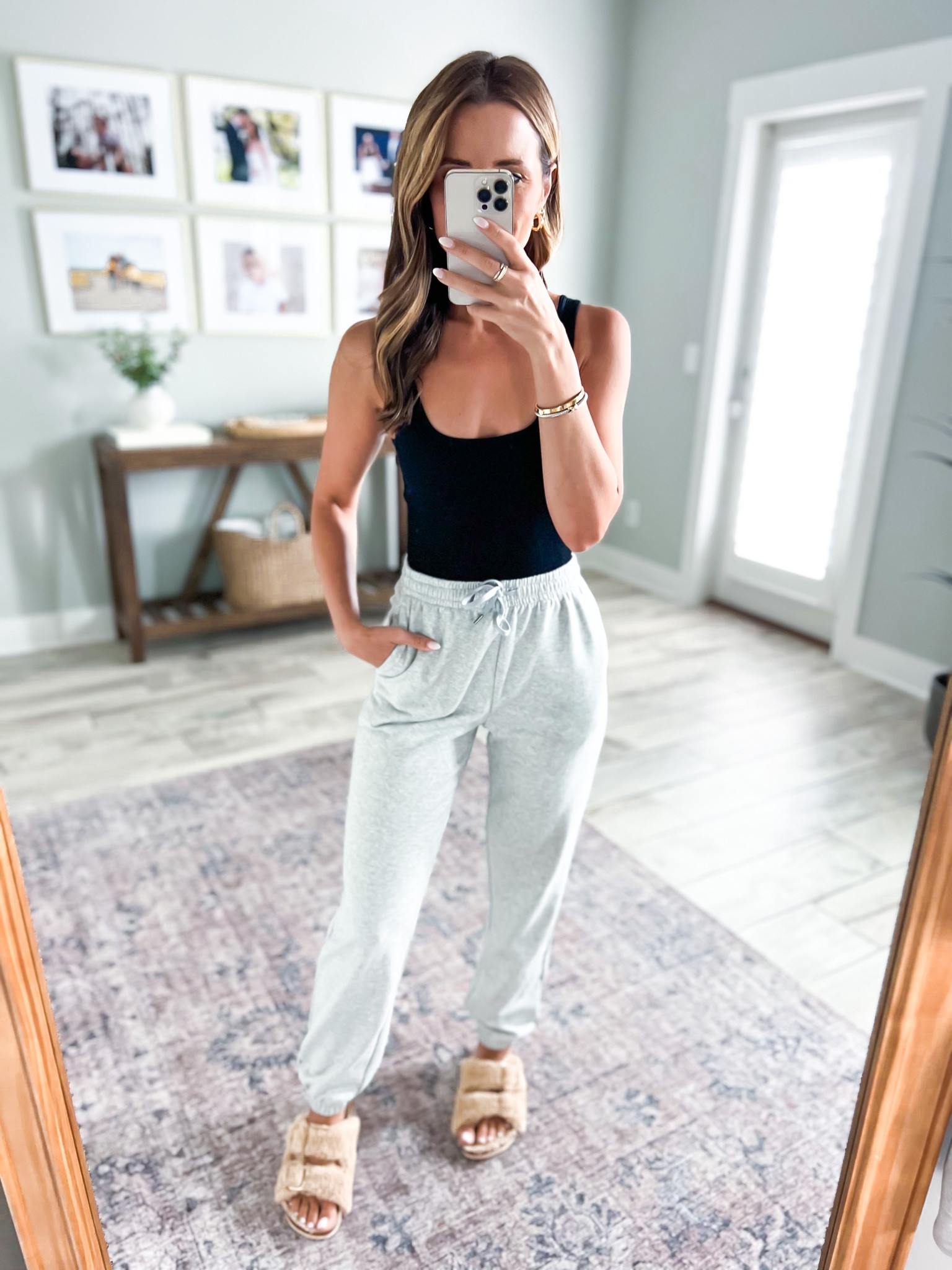 Amazon joggers (XXS). Amazon sweatpants. Amazon seamless Bodysuit (small). Ribbed Bodysuit. Amazon slippers (size up if half size). Casual outfit. Lounge wear. Travel outfit. Airport outfit. 

#LTKshoecrush #LTKunder50 #LTKtravel