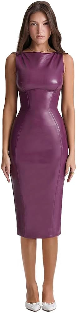 XLLAIS Sleeveless PU Sheath Dress Faux Leather Bodycon Midi Pencil Dress | Amazon (US)