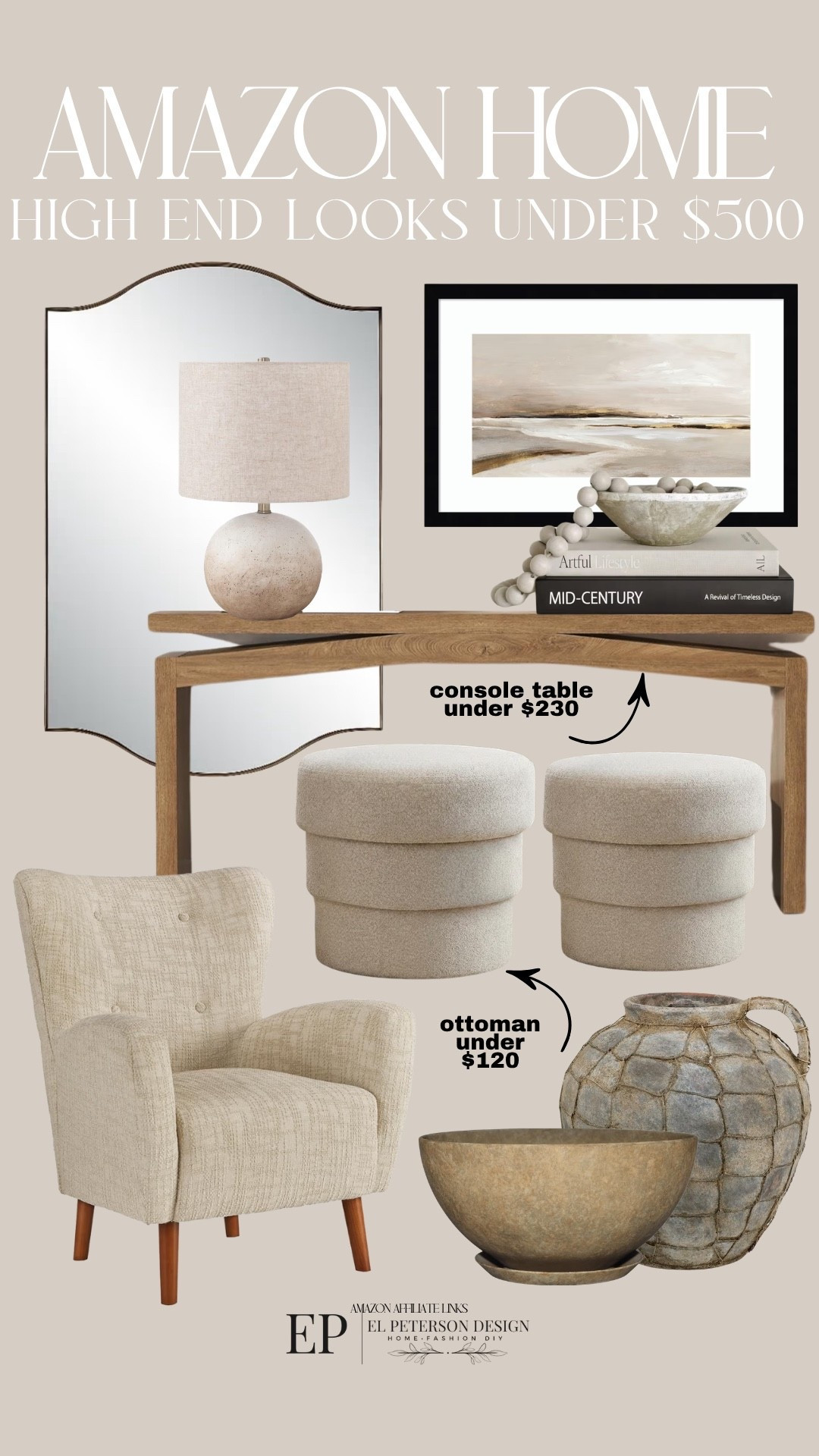 Amazon Fashion
Mirror
Table lamp
Console table
Artwork
Vase
Bowl
Accent chair
Ottoman
Decorative book