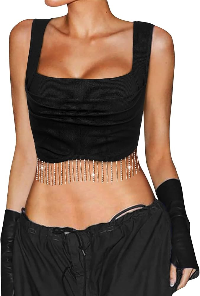 Women Rhinestone Fringe Crop Top Sparkly Tassel Square Neck Ribbed Cute Cropped Tank Tops | Amazon (US)