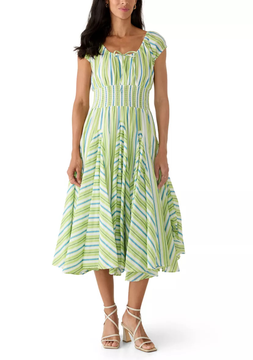Women's Short Sleeve Multi Striped Pleated Peasant Dress | Belk