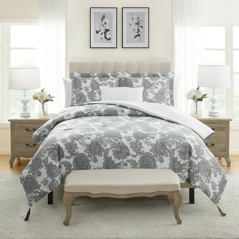 My Texas House Victoria Grey Floral 4-Piece Comforter Set, Full/Queen | Walmart (US)
