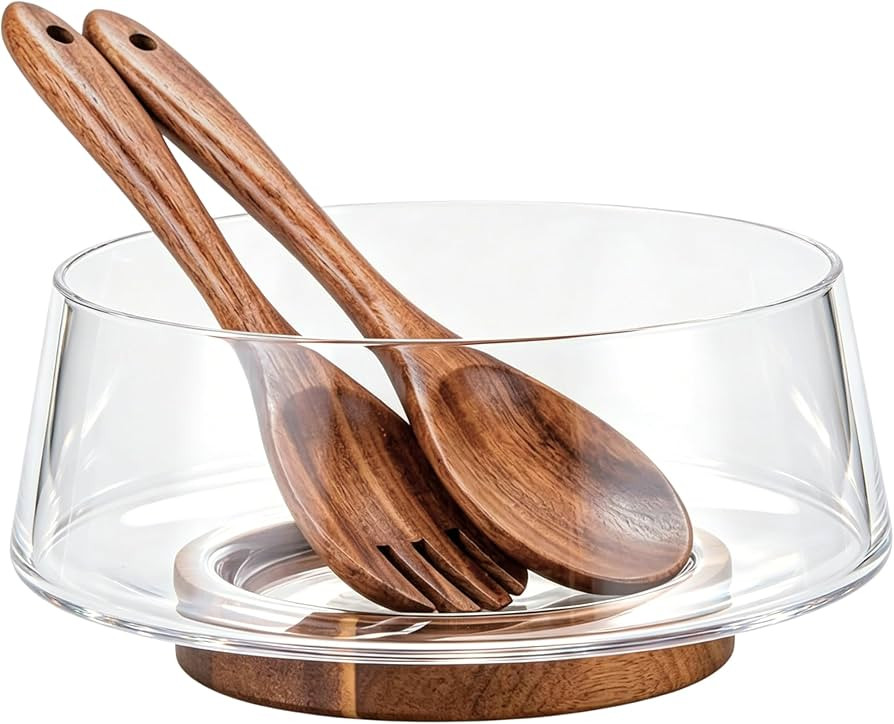muso wood Salad Bowl Set Large-capacity Glass Salad Bowl with Acacia Wood Base and Salad Spoon-fo... | Amazon (US)