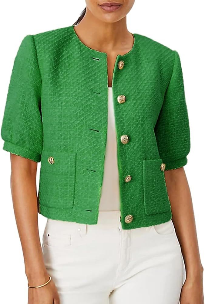 Puff Short Sleeve Tweed Jacket Women Cropped Blazer Summer Open Front Casual Office Work Coat | Amazon (US)