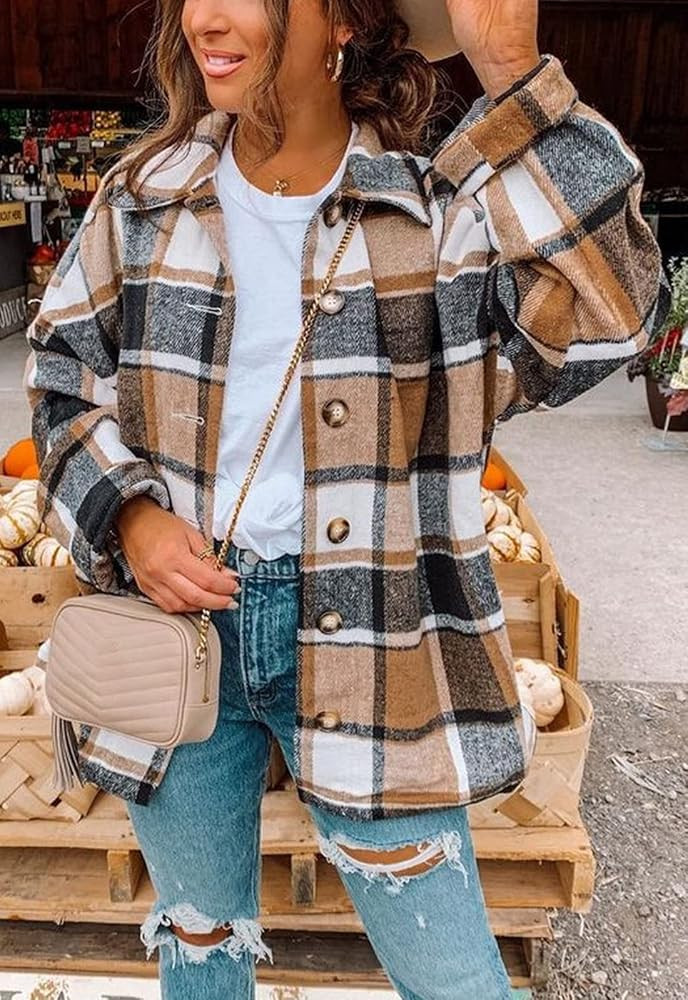 Flygo Womens Fall Plaid Flannel Shirt Shacket Jacket Color Block Button Down Shirts Tops | Amazon (US)