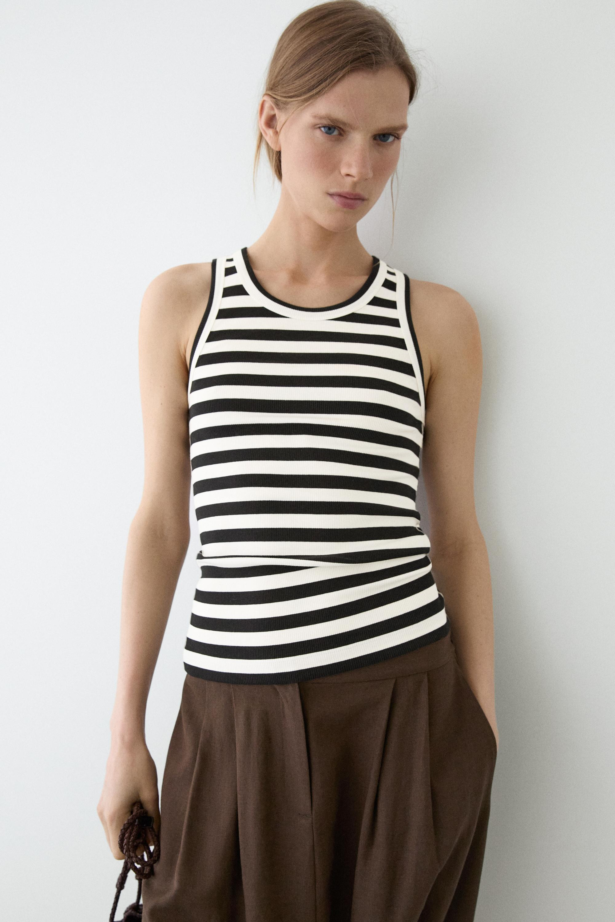 Sleeveless ribbed top with striped detail | Massimo Dutti US