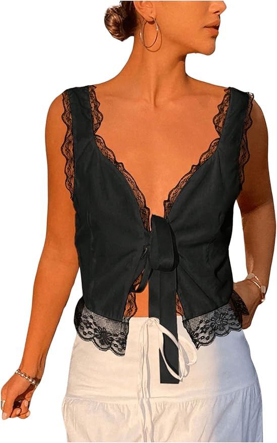 SOLY HUX Women's Y2k Lace Trim Open Tie Front Tank Top V Neck Sleeveless Tops | Amazon (US)