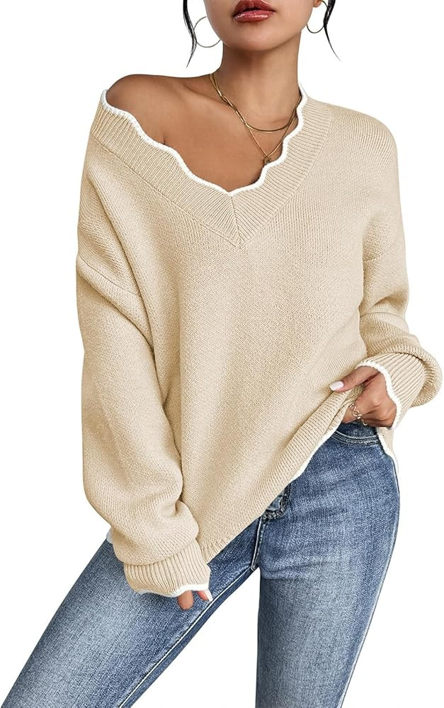 Pink Queen Women's Oversized V Neck Fuzzy Sweaters 2024 Casual Loose Long Sleeve Chunky Knit Pull... | Amazon (US)