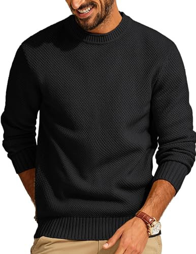 Men's Pullover Sweater Heavy Waffle Knit Textured Sweater Long Sleeve Family Black | Amazon (US)