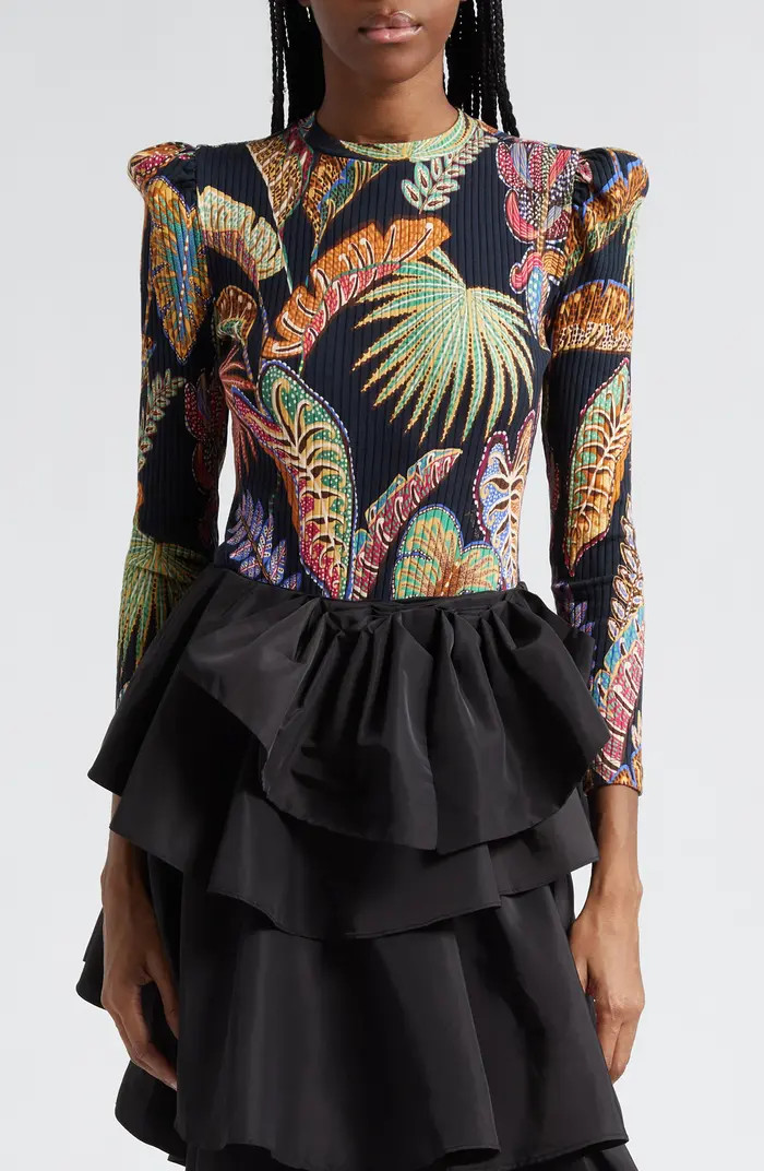 Cool Foliage Rib Three-Quarter Sleeve Bodysuit | Nordstrom