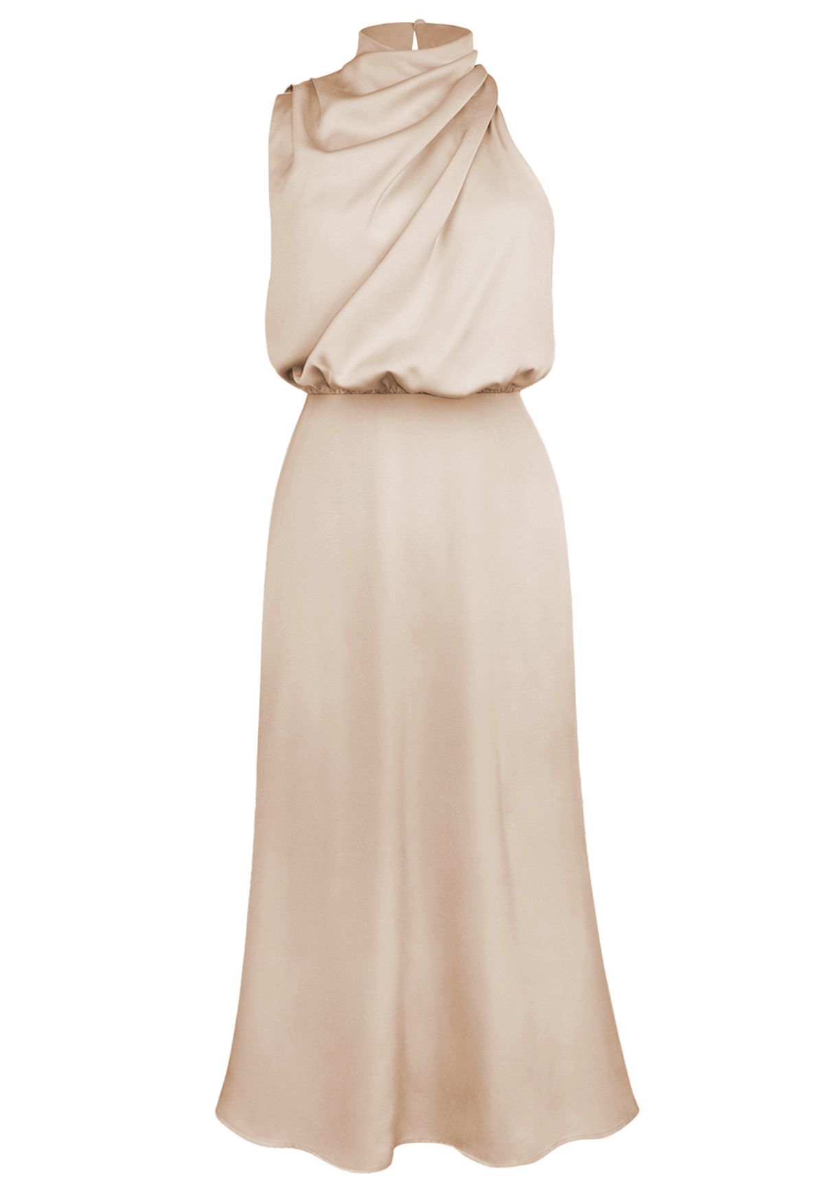 Asymmetric Ruched Neckline Sleeveless Dress in Apricot | Chicwish