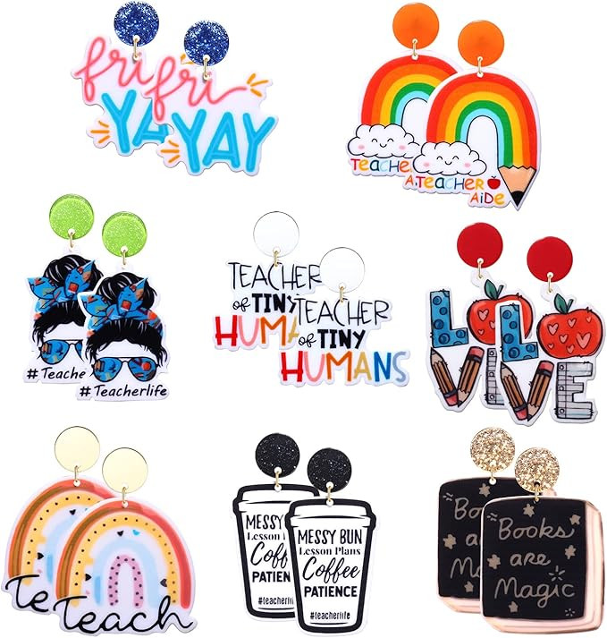 6/8 Pairs Teacher Earrings Acrylic Rainbow Pencil Book Drop Dangle Earrings Colorful Math Teacher... | Amazon (US)