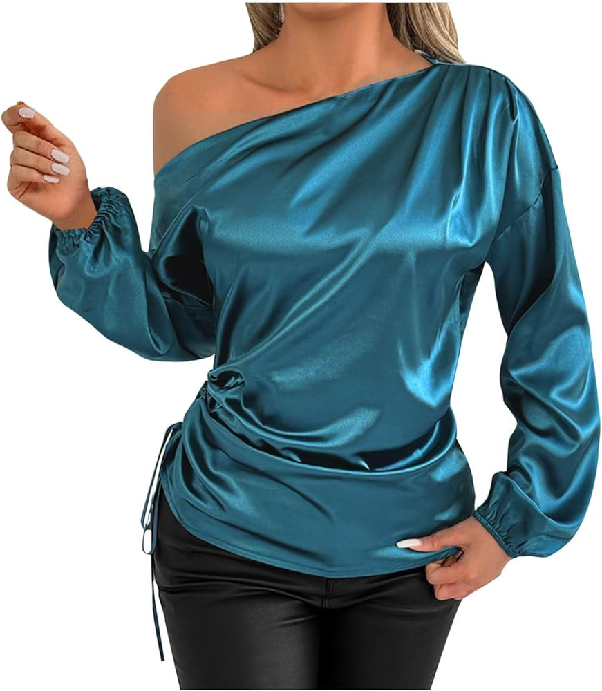 Sexy Off The Shoulder Satin Blouse for Women Dressy Casual Side Ruching Long Sleeve Silk Business... | Amazon (US)