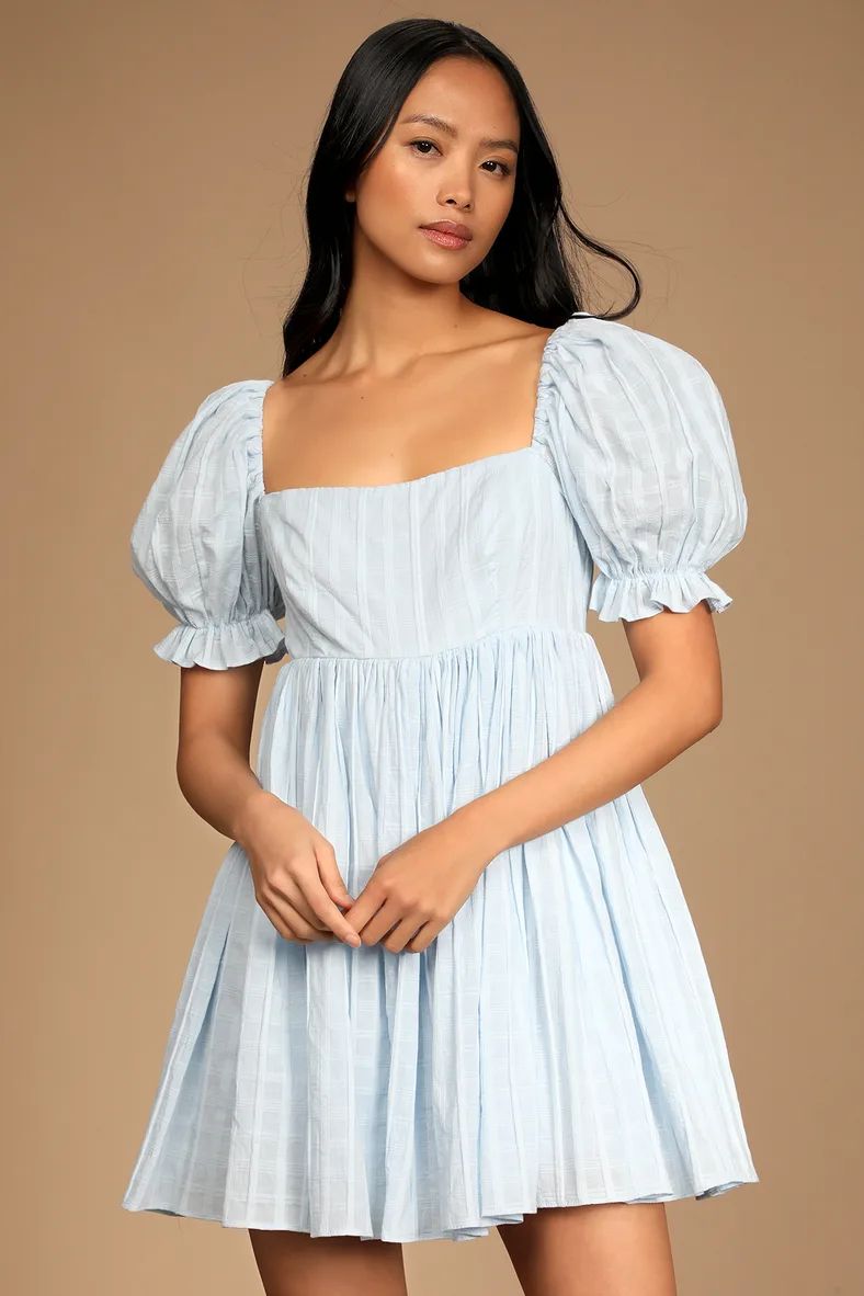 A Day in Paris Light Blue Square Neck Puff Sleeve Babydoll Dress | Lulus (US)