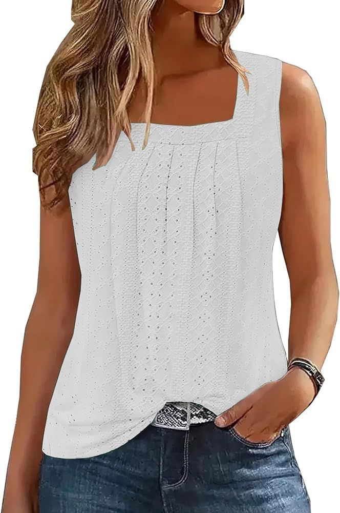 Womens Tank Tops Eyelet Embroidery Sleeveless Square Neck Shirts Loose Ffit Flowy Casual Summer T... | Amazon (US)