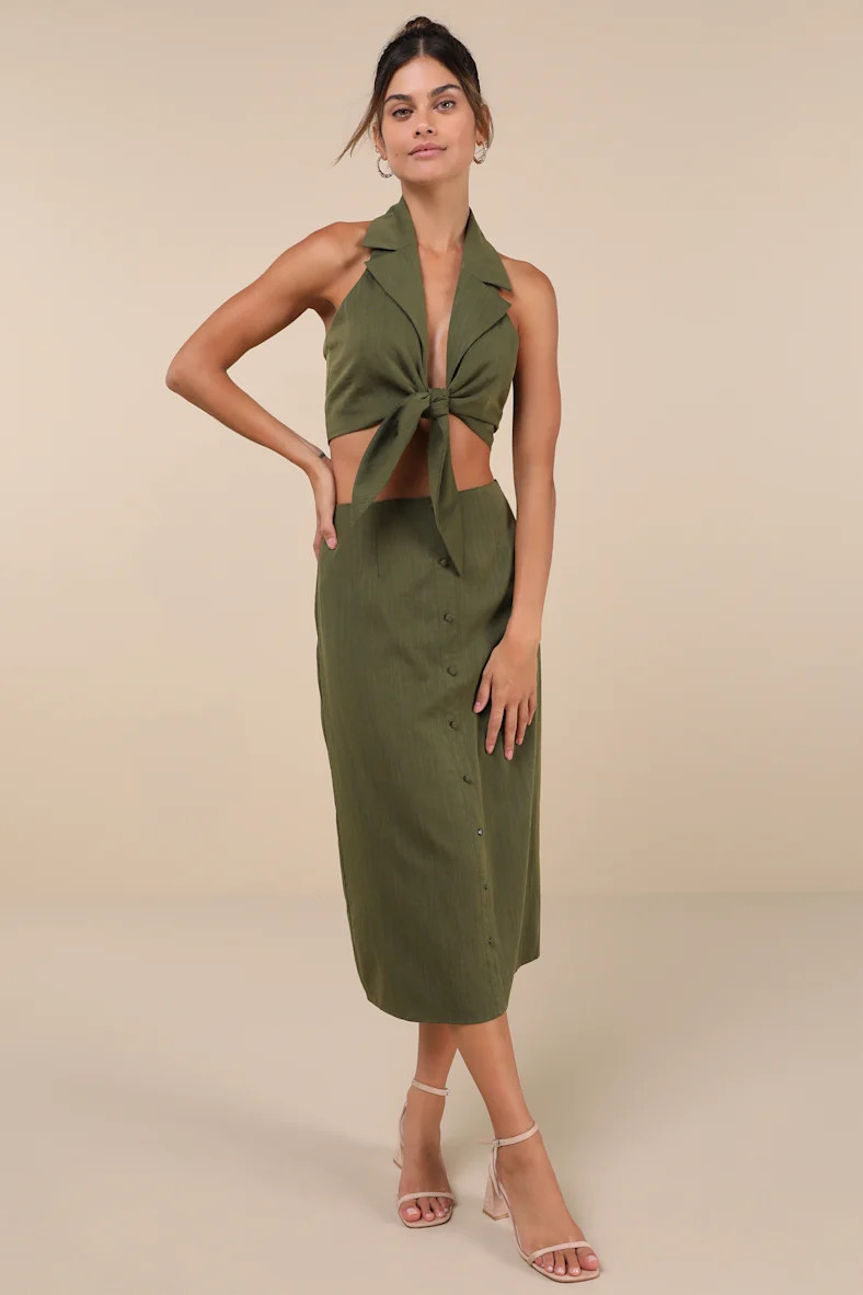 Composed Personality Olive Green Tie-Front Halter Crop Top | Lulus
