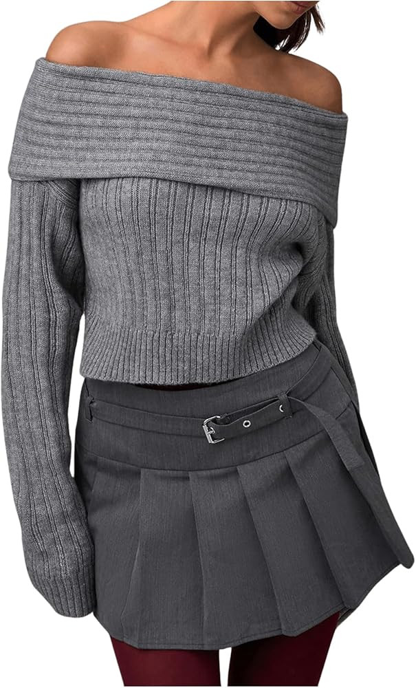 Women's Off Shoulder Crop Sweater Long Sleeve Foldover Sweater Ribbed Knit Pullovers Tops | Amazon (US)