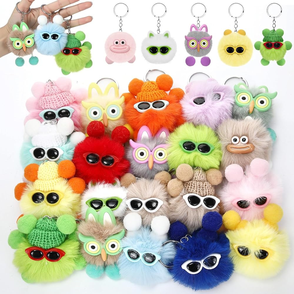 48 Pcs Kawaii Keychains Bulk Cute Plush Keychains Fluffy Pompoms Balls with Tassels and Keyrings ... | Amazon (US)