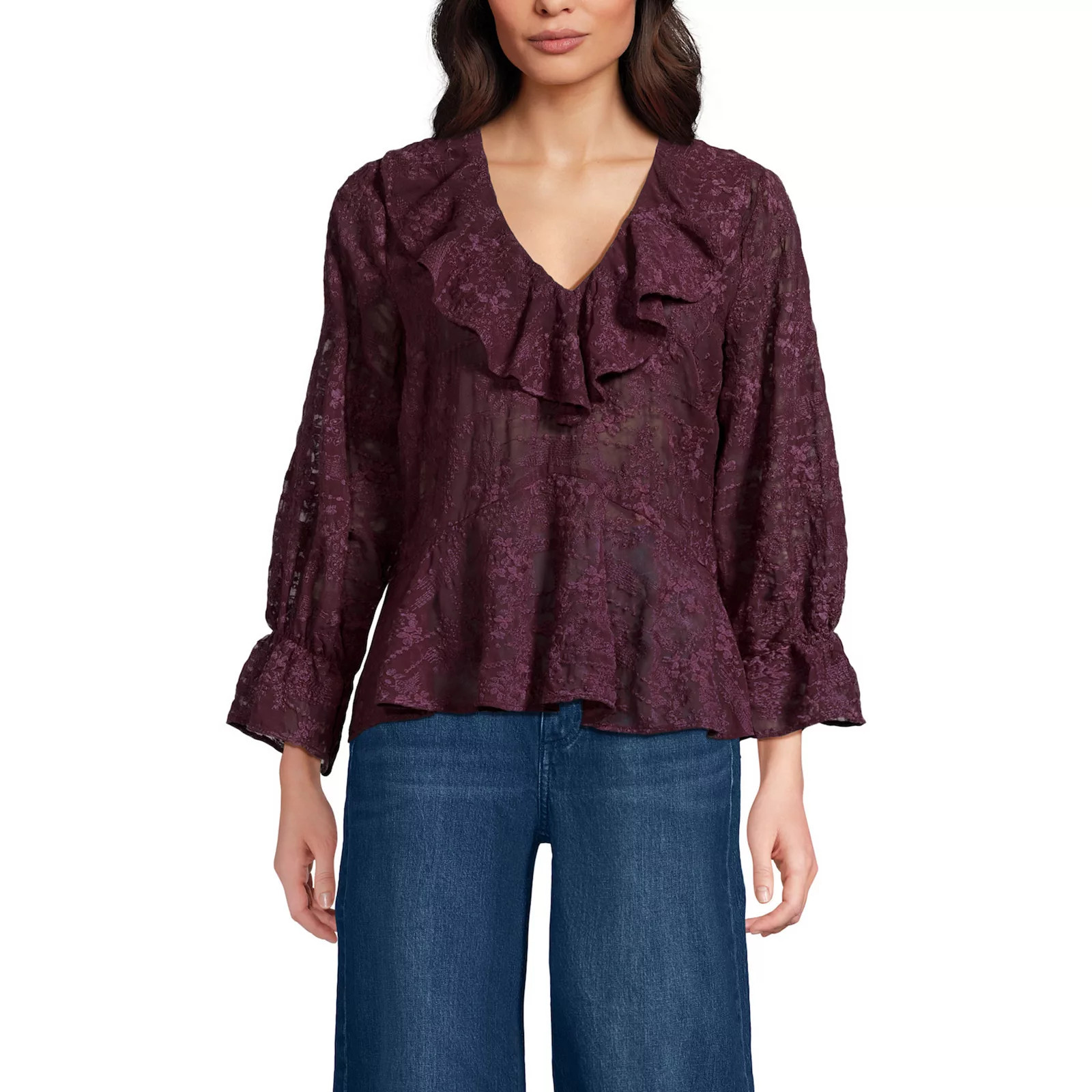 Women's Lands' End Feminine Ruffle Chiffon V-Neck Blouse, Size: Large, Lush Red | Kohl's