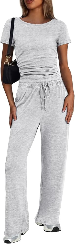 Ekouaer Women's 2 Piece Sets Outfits Short Sleeve Wide Leg Tracksuits Casual Lounge Set Matching ... | Amazon (US)