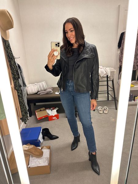 Easy casual outfit from the #nsale! Wearing the Allsaints leather jacket (size up 1-2 sizes!) with the Madewell tee and Marc Fisher booties! 

Nordstrom sale, fall outfits, Nordstrom anniversary sale

#LTKshoecrush #LTKxNSale #LTKSeasonal