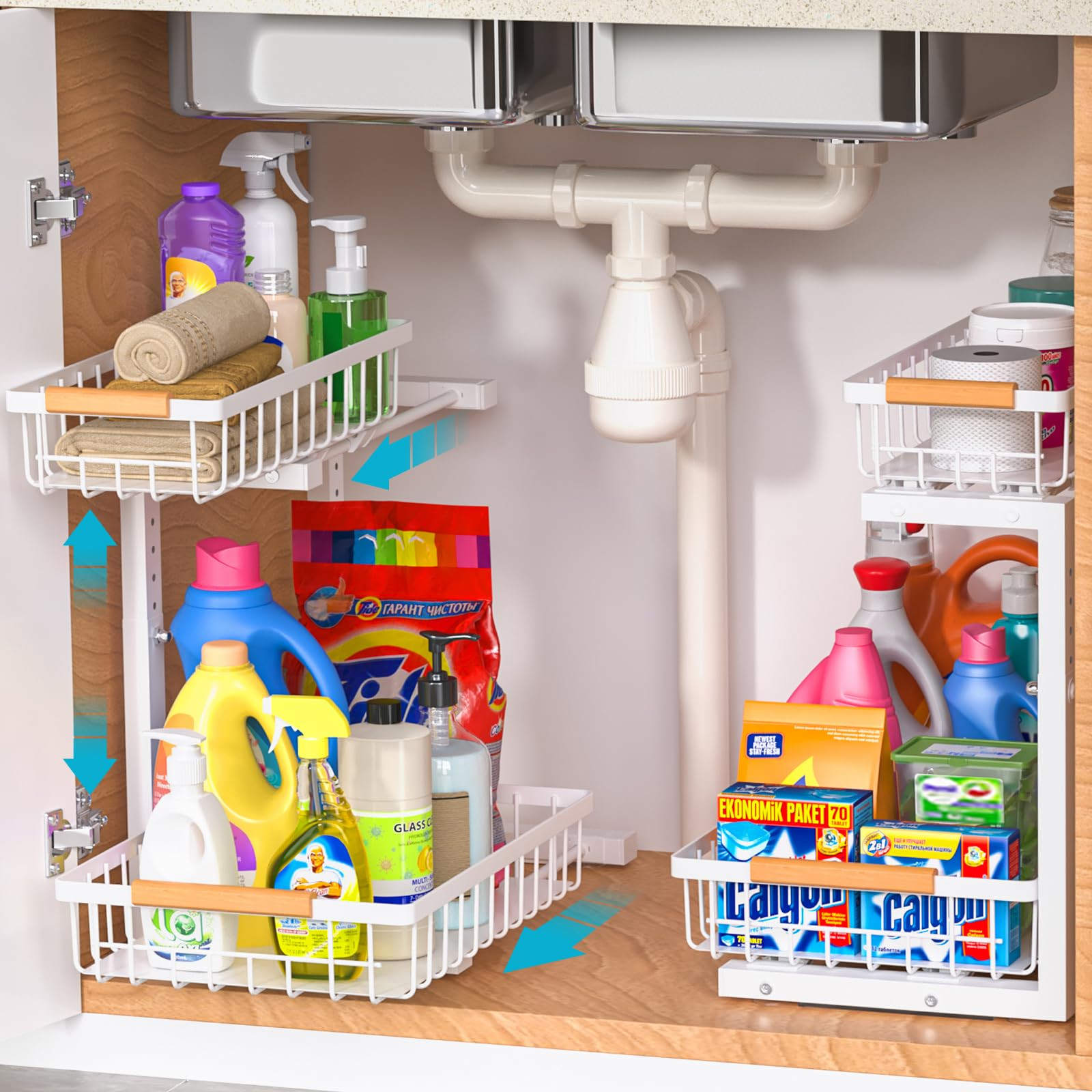 Under Sink Organizer 2 pack, 2 Tier Slide Out Under Sink Organizers And Storage, Height Adjustabl... | Amazon (US)