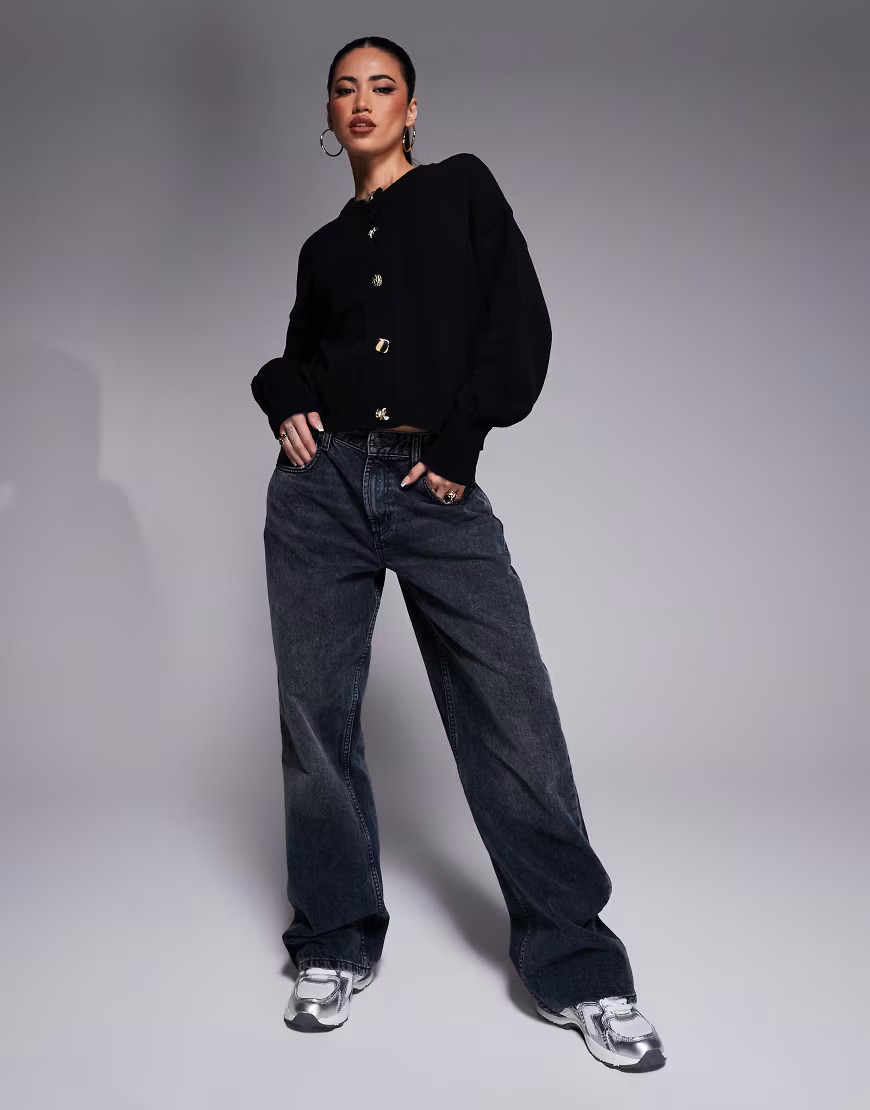 ASOS DESIGN knitted cardigan with mixed gold buttons in black | ASOS (Global)