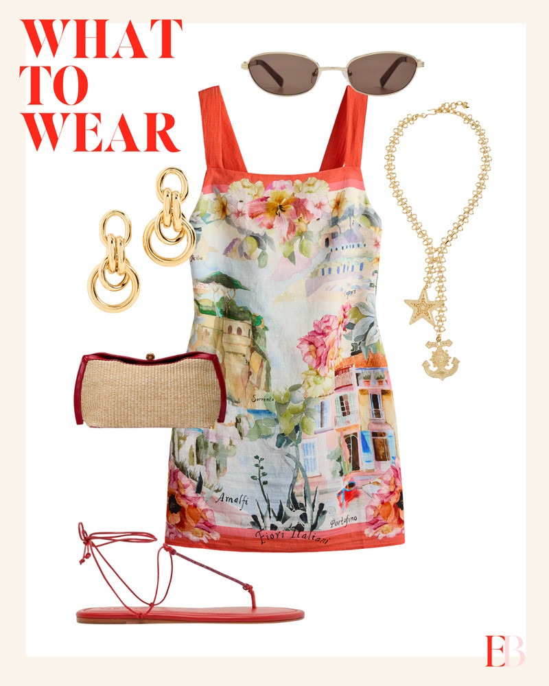 If your vacation outfit doesn't have Sorrento, Amalfi, and Portofino printed on the hem, are you even going?

This linen mini dress is the piece that made me stop scrolling. The Fiori Italiani scenic print — coastal towns, florals, the whole Italian summer fantasy — is doing everything. The coral/red border grounds it so it doesn't float off into wallpaper territory, and the square neckline keeps the silhouette clean against all that print.

The red lace-up flat sandals were the obvious call and the right one — they pick up the border exactly and keep the look grounded at the foot. The woven raffia clutch with red frame hardware is the bag that was made for this dress specifically. Gold double link earrings and a starfish and anchor charm necklace because when the dress is already telling a story, your jewelry should be in on it.

This is the outfit you pack for one dinner and end up wearing three times because you can't stop reaching for it. 

 