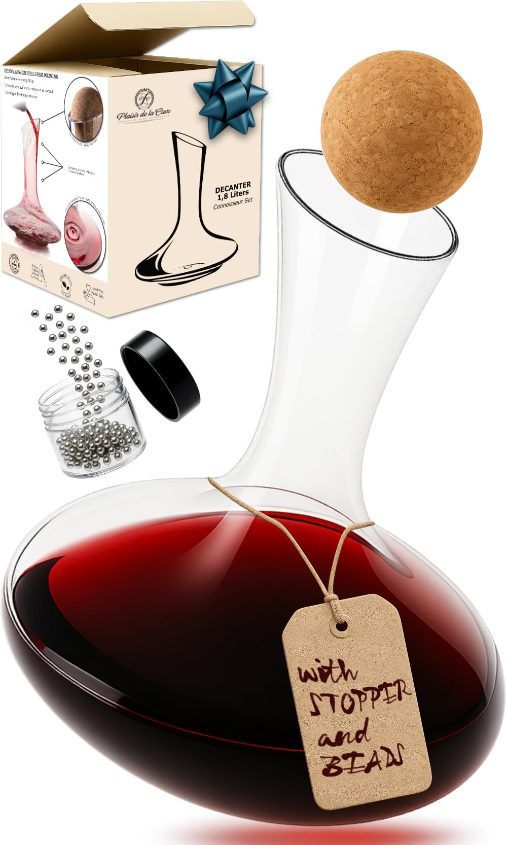 Wine Decanter & Accessories (Cork Stopper + Cleaning Beads) - 100% Lead-Free Crystal Wine Carafe ... | Amazon (US)