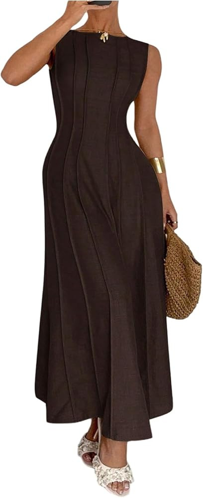 Floerns Women's Sleeveless Tank Dress Crew Neck A Line Evening Long Wedding Guest Dresses | Amazon (US)
