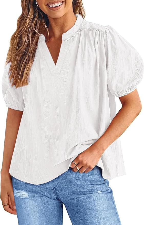 PRETTYGARDEN Womens Casual Summer Tops 2025 V Neck Short Puff Sleeve Pleated Cotton T Shirts Loos... | Amazon (US)