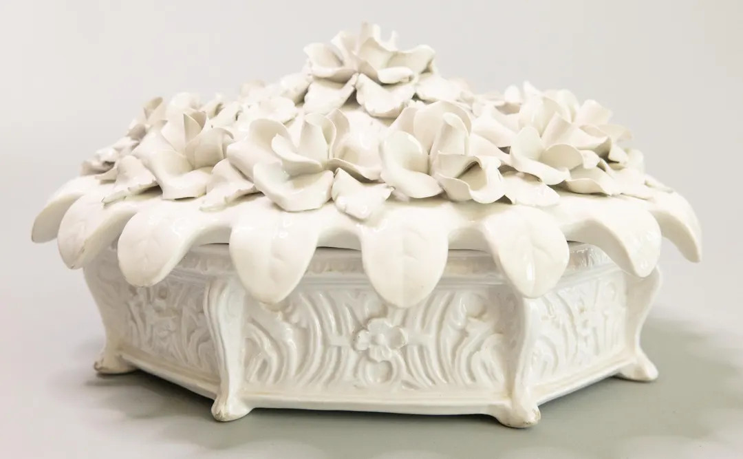 Vintage Italian White Porcelain Creamware Roses Flower Arrangement Lidded Centerpiece Bowl Tureen... | Etsy (US)