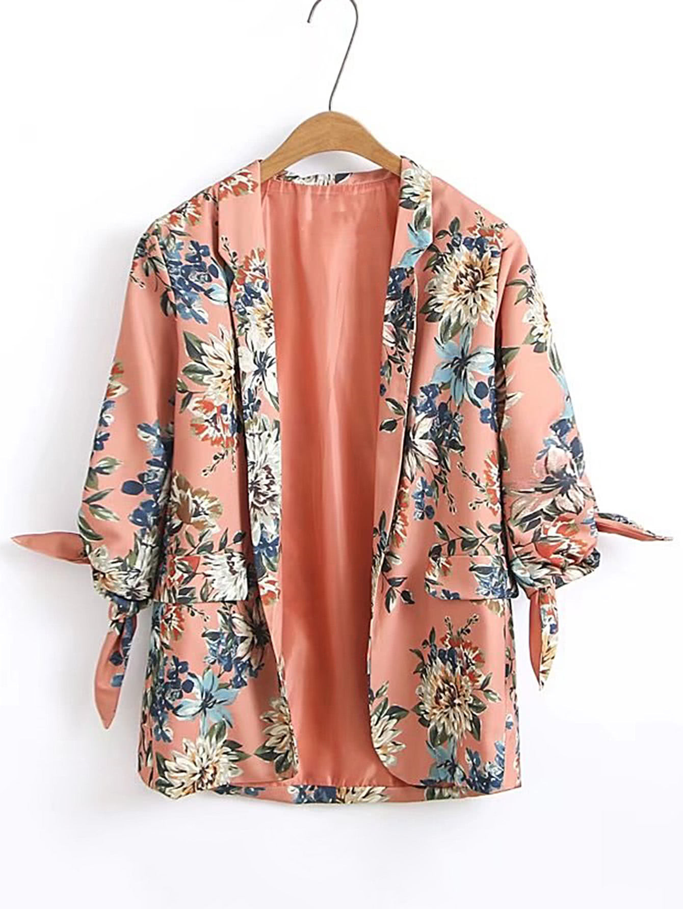 Floral Print Knot Cuff Open Front Blazer | SHEIN