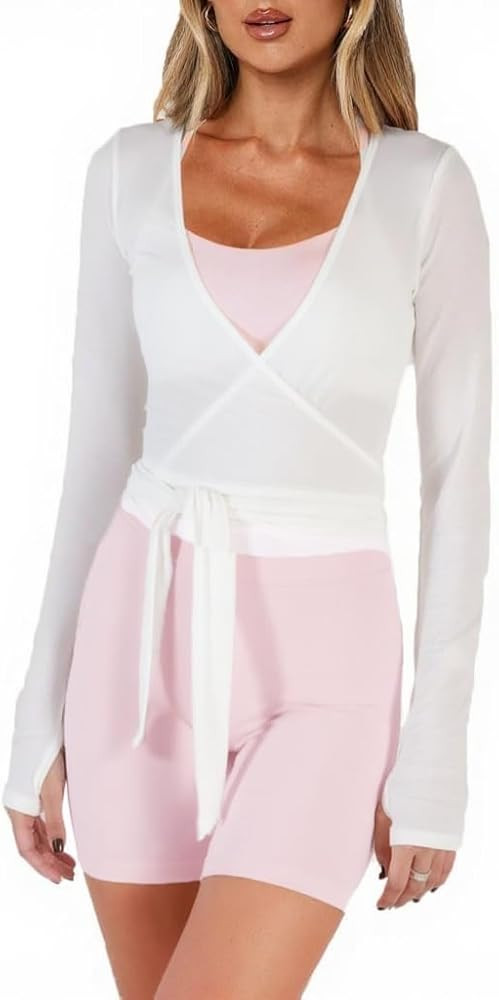 Meihuida Women Wrap Top Long Sleeve Deep V Neck Tie Workout Ballet Pilates Yoga Shirt with Thumb ... | Amazon (US)